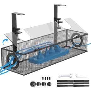Under Desk Cable Management Tray No Damage No Drill to Desk Under Desk Cable Management Box with Lid Metal Mesh Cable Management with Clamp Mount （Black）