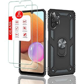 for Samsung Galaxy A32 4G [Not Fit A32 5G] Case with [2 Pack] Tempered Glass Screen Protector, Galaxy A32 4G Heavy Duty Armor [Military-Grade] Protective, with Magnetic Ring Stand Cover (Black)
