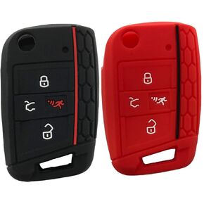 Silicone Key Cover Case Remote Fob Protector fit for VW Golf Polo 2016-2017 4 Buttons Keyless Entry Remote Key Fob Skin Protective key Jacket (1 Black + 1 Blue)