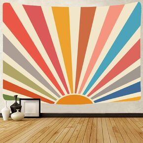 Vintage Sun Tapestry Boho Wall Hanging Retro 70s Rainbow Sunrise Sunset Minimal Geometric Grunge Abstract Art Hippie Bohemian Decor for Dorm Living Room Office Nursery Bedroom (59 x 79inch)