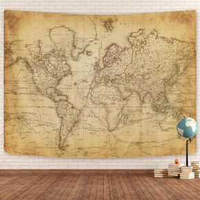 Old World Map Tapestry, Vintage World Map Geographical Distribution Tapestry Wall Hanging, Brown Historical Atlas Educational World Map Poster Classroom Large Tapestry Office Decor 90x70