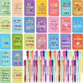 Sabary 100 Pcs Inspirational Notepads Motivational Ballpoint Pens Sets Mini Motivational Pocket Notebooks Journals Bulk Gifts Inspirational Metal Pens for School Office Supplies (Inspirational)