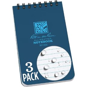Rite in the Rain Weatherproof Top Spiral Notebook, 3" x 5", Black Cover, Universal Pattern, 3 Pack (No. 735-3X)