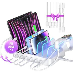 SooPii 6-Port USB C Charging Station for Multiple Devices,2 PD 20W Fast Charging for lPhone 15 and More,6 Charging Cables and 2in1 Holder for IWatch Charger & Air Pods Included