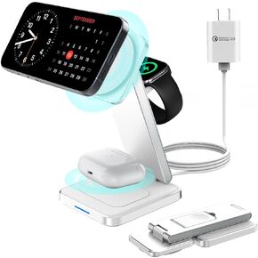 3 in 1 Magnetic Wireless Charger,Foldable Mag-Safe Wireless Charging Station for Apple Watch Series 9/Ultra 2/8/7/SE/SE2,Apple 15 Pro Max/15/14/13,Air-Pods 3/Pro/2 Mag Safe Charger Stand Dock(Black)