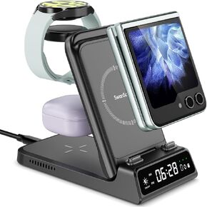 Charging Station for Samsung Z Flip, 3 in 1 Wireless Charger for Samsung Galaxy Z Flip 5/Z Flip 4/Z Flip 3, Galaxy Watch 6/6 Classic/5/5 Pro, Galaxy Buds 2 Pro/Buds 2 (Foldable, with Clock)