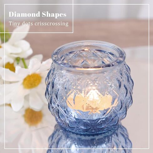 DARJEN 12Pcs Blue Votive Candle Holders - Round Glass Candle Holders Bulk for Tea Light Candle, Diamond Texture Candle Votives for Wedding Centerpiece, Party & Home Decor in Saudi Arabia
