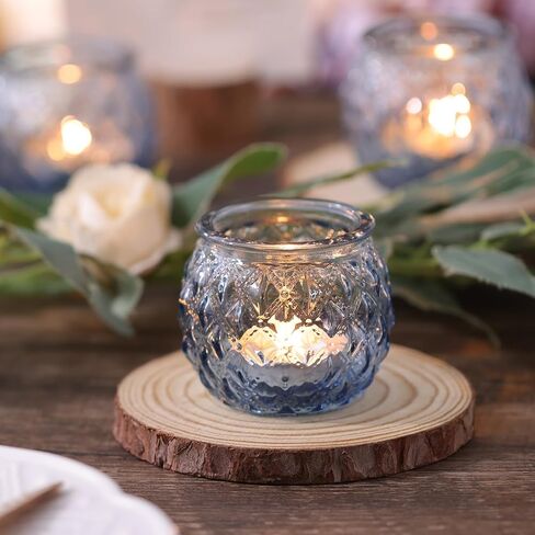 DARJEN 12Pcs Blue Votive Candle Holders - Round Glass Candle Holders Bulk for Tea Light Candle, Diamond Texture Candle Votives for Wedding Centerpiece, Party & Home Decor in Saudi Arabia