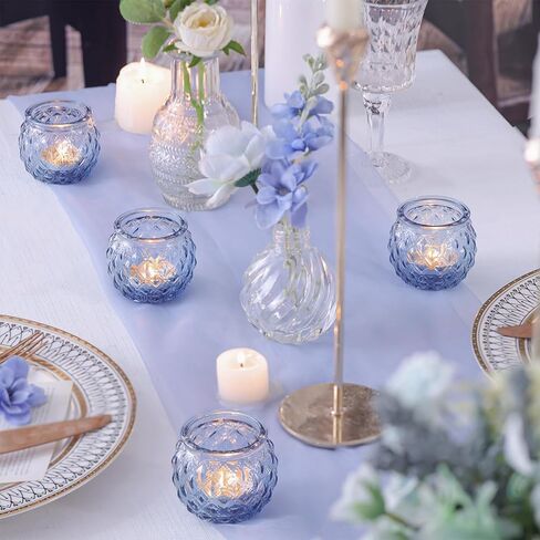 DARJEN 12Pcs Blue Votive Candle Holders - Round Glass Candle Holders Bulk for Tea Light Candle, Diamond Texture Candle Votives for Wedding Centerpiece, Party & Home Decor in Saudi Arabia