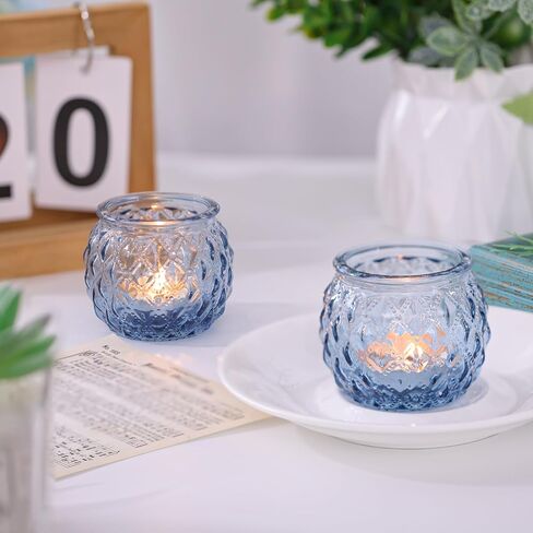 DARJEN 12Pcs Blue Votive Candle Holders - Round Glass Candle Holders Bulk for Tea Light Candle, Diamond Texture Candle Votives for Wedding Centerpiece, Party & Home Decor in Saudi Arabia