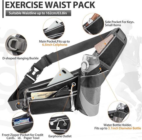 حقيبة فيوريتو فاني مع حامل زجاجة مياه وحقيبة كروس مع حزام تمديد وحزام الجري وحزام الخصر المرطب للمشي والجري والمشي لمسافات طويلة باللون الأسود in Kuwait