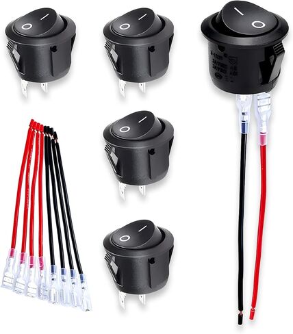 5 PCS Car Round Rocker Switch, DC 12V-24V Mini 0.78"/20mm On-Off Switch, 2nd Gear 2 Pin with Wiring Harness, Hot-Pressed Terminal Toggle Switch, Universal Automotive Accessories (Black & Red) in Saudi Arabia
