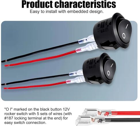 5 PCS Car Round Rocker Switch, DC 12V-24V Mini 0.78"/20mm On-Off Switch, 2nd Gear 2 Pin with Wiring Harness, Hot-Pressed Terminal Toggle Switch, Universal Automotive Accessories (Black & Red) in Saudi Arabia