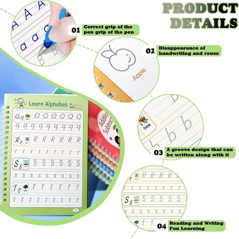 5 Pcs Grooved Handwriting Book Practice, Magical Tracing Workbook Set with Pen Grips & Disappearing Ink, Reusable Groove Calligraphy, Writing Magic Copybook for Preschool Age 3-10 (1) in Saudi Arabia