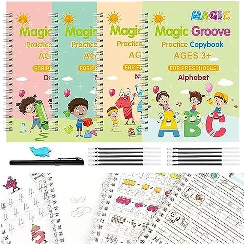 4 Pc Writing Practice for Kids | Grooved Writing Practice Book | Magic Copybook for Kids | Reusable Calligraphy Copybook for Preschoolers in Kuwait