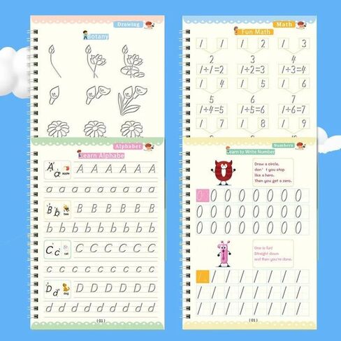 4 Pc Writing Practice for Kids | Grooved Writing Practice Book | Magic Copybook for Kids | Reusable Calligraphy Copybook for Preschoolers in Kuwait