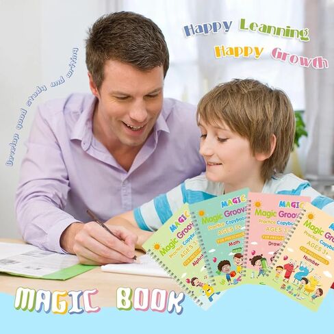 4 Pc Writing Practice for Kids | Grooved Writing Practice Book | Magic Copybook for Kids | Reusable Calligraphy Copybook for Preschoolers in Kuwait