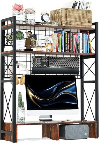 رف كتب كبير من الخشب والمعدن، أرفف كتب أفقية مقاس 29.1 × 9.4 × 35.4 بوصة، منظم رف عرض خشبي متعدد الأغراض من 3 طبقات لمكتب الكمبيوتر مع 8 خطافات لخزانة الكتب الصناعية in Kuwait