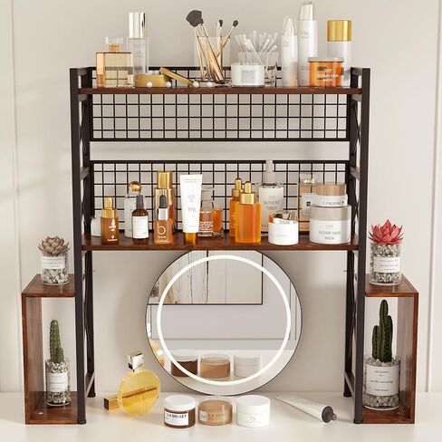 رف كتب كبير من الخشب والمعدن، أرفف كتب أفقية مقاس 29.1 × 9.4 × 35.4 بوصة، منظم رف عرض خشبي متعدد الأغراض من 3 طبقات لمكتب الكمبيوتر مع 8 خطافات لخزانة الكتب الصناعية in Kuwait