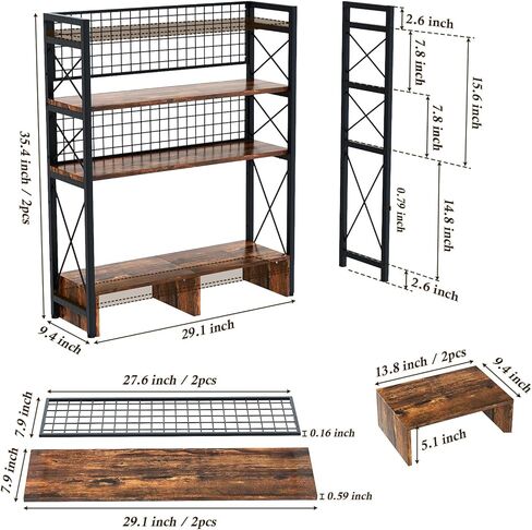 رف كتب كبير من الخشب والمعدن، أرفف كتب أفقية مقاس 29.1 × 9.4 × 35.4 بوصة، منظم رف عرض خشبي متعدد الأغراض من 3 طبقات لمكتب الكمبيوتر مع 8 خطافات لخزانة الكتب الصناعية in Kuwait