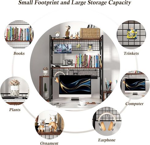 رف كتب كبير من الخشب والمعدن، أرفف كتب أفقية مقاس 29.1 × 9.4 × 35.4 بوصة، منظم رف عرض خشبي متعدد الأغراض من 3 طبقات لمكتب الكمبيوتر مع 8 خطافات لخزانة الكتب الصناعية in Kuwait