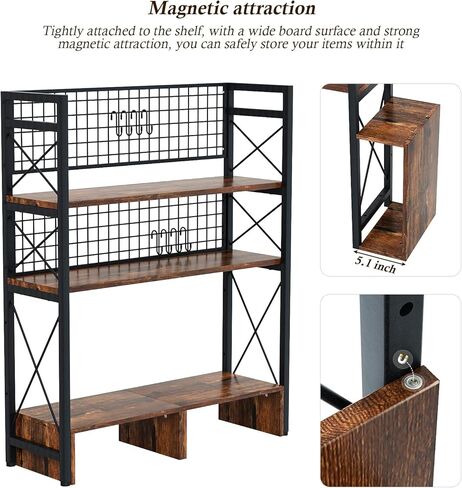 رف كتب كبير من الخشب والمعدن، أرفف كتب أفقية مقاس 29.1 × 9.4 × 35.4 بوصة، منظم رف عرض خشبي متعدد الأغراض من 3 طبقات لمكتب الكمبيوتر مع 8 خطافات لخزانة الكتب الصناعية in Kuwait