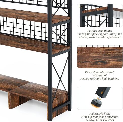 رف كتب كبير من الخشب والمعدن، أرفف كتب أفقية مقاس 29.1 × 9.4 × 35.4 بوصة، منظم رف عرض خشبي متعدد الأغراض من 3 طبقات لمكتب الكمبيوتر مع 8 خطافات لخزانة الكتب الصناعية in Kuwait
