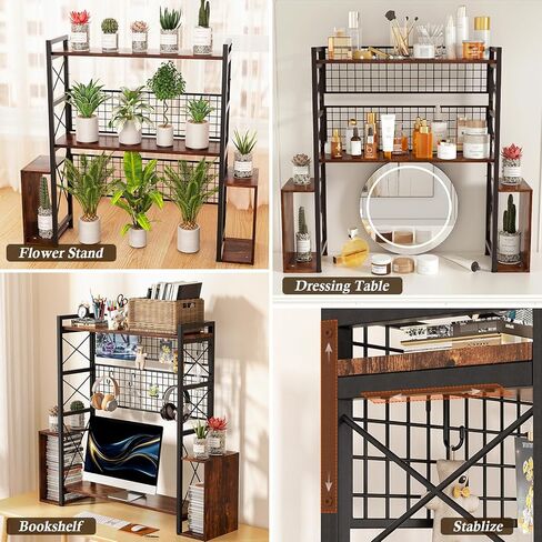 رف كتب كبير من الخشب والمعدن، أرفف كتب أفقية مقاس 29.1 × 9.4 × 35.4 بوصة، منظم رف عرض خشبي متعدد الأغراض من 3 طبقات لمكتب الكمبيوتر مع 8 خطافات لخزانة الكتب الصناعية in Kuwait