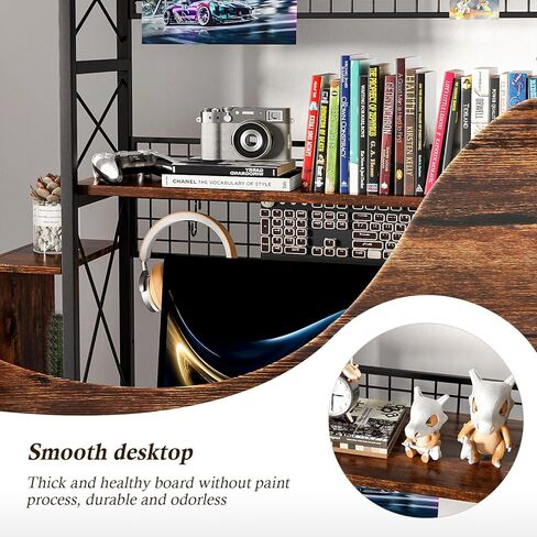 رف كتب كبير من الخشب والمعدن، أرفف كتب أفقية مقاس 29.1 × 9.4 × 35.4 بوصة، منظم رف عرض خشبي متعدد الأغراض من 3 طبقات لمكتب الكمبيوتر مع 8 خطافات لخزانة الكتب الصناعية in Kuwait