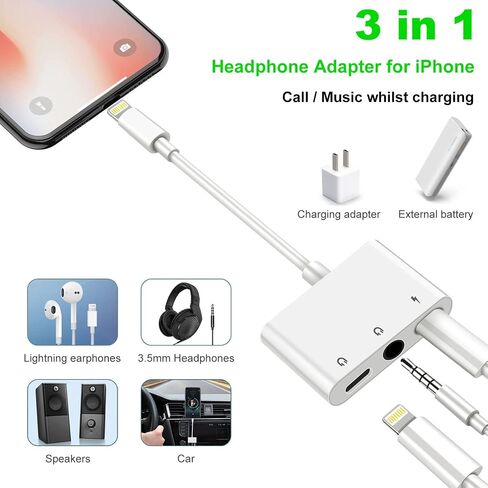 3 in 1 Headphone Adapter for iPhone, Lightning to 3.5 mm Headphone Jack Adapter, Lightning Audio & Charging Adapter Dongle Cable Splitter Compatible with iPhone 14 13 12 11 XS XR X 8 7 iPad in Saudi Arabia