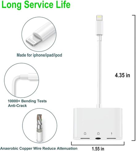 3 in 1 Headphone Adapter for iPhone, Lightning to 3.5 mm Headphone Jack Adapter, Lightning Audio & Charging Adapter Dongle Cable Splitter Compatible with iPhone 14 13 12 11 XS XR X 8 7 iPad in Saudi Arabia