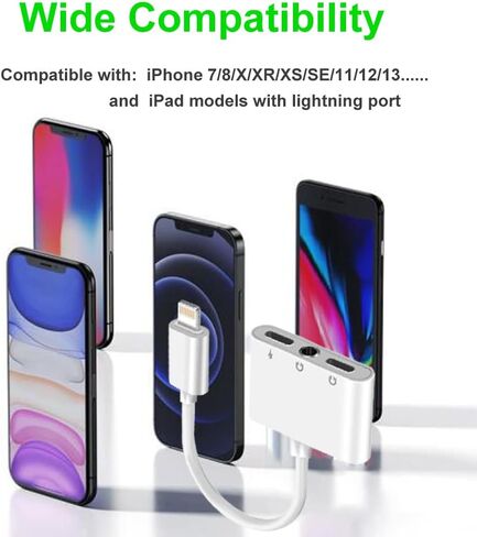 3 in 1 Headphone Adapter for iPhone, Lightning to 3.5 mm Headphone Jack Adapter, Lightning Audio & Charging Adapter Dongle Cable Splitter Compatible with iPhone 14 13 12 11 XS XR X 8 7 iPad in Saudi Arabia