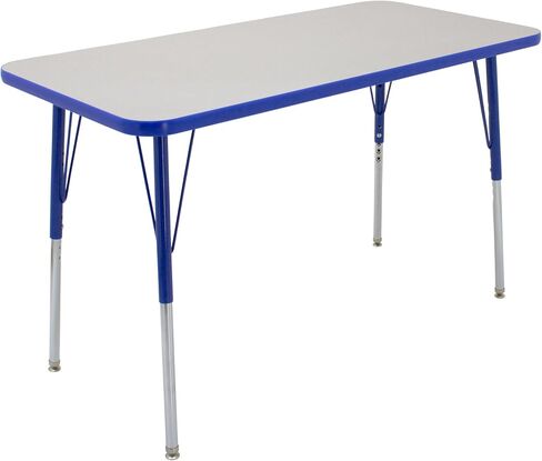 FDP Rectangle Activity School and Office Table (24 x 48 inch), Standard Legs with Swivel Glides, Adjustable Height 19-30 inches; Quick Ship Single Box - Gray Top and Blue Edge in Saudi Arabia