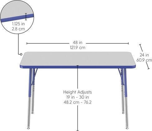 FDP Rectangle Activity School and Office Table (24 x 48 inch), Standard Legs with Swivel Glides, Adjustable Height 19-30 inches; Quick Ship Single Box - Gray Top and Blue Edge in Saudi Arabia