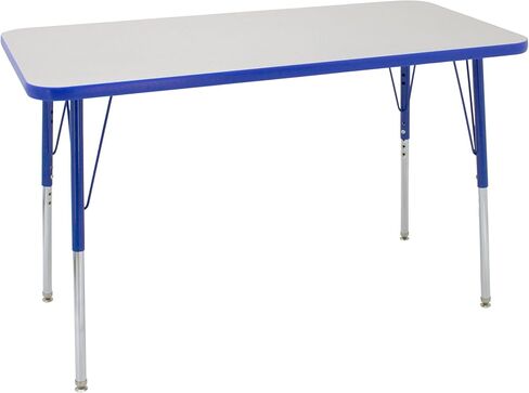 FDP Rectangle Activity School and Office Table (24 x 48 inch), Standard Legs with Swivel Glides, Adjustable Height 19-30 inches; Quick Ship Single Box - Gray Top and Blue Edge in Saudi Arabia
