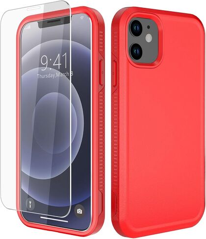 Diverbox for iPhone 12 case [Shockproof] [Dropproof] [Tempered Glass Screen Protector],Heavy Duty Protection Phone Case Cover for Apple iPhone 12 (Red -2in1) in Kuwait
