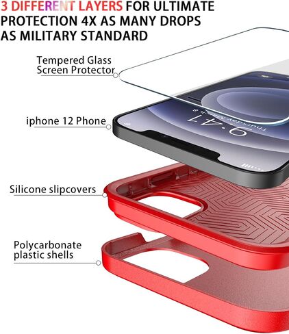 Diverbox for iPhone 12 case [Shockproof] [Dropproof] [Tempered Glass Screen Protector],Heavy Duty Protection Phone Case Cover for Apple iPhone 12 (Red -2in1) in Kuwait