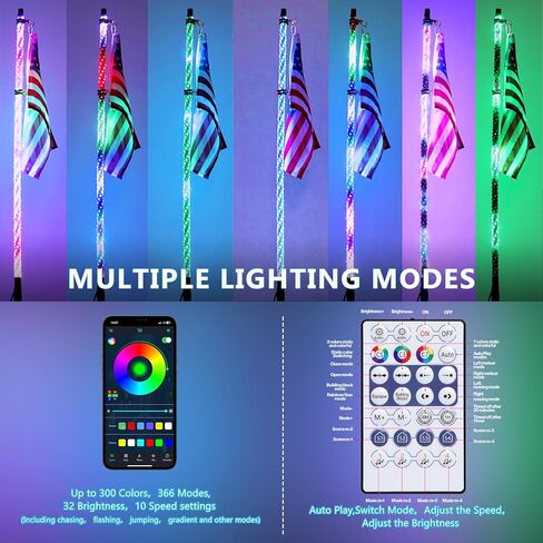 ضوء سوط 4 أقدام لـ UTV ATV، تطبيق Whip Lights وجهاز تحكم عن بعد مطور 366 وضعًا، ضوء مطاردة حلزوني RGB LED مقاوم للماء IP67، هوائي ضوء سوط لشاحنة الطرق الوعرة، عربات التي تجرها الدواب، RZR Polaris in Kuwait