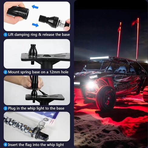 ضوء سوط 4 أقدام لـ UTV ATV، تطبيق Whip Lights وجهاز تحكم عن بعد مطور 366 وضعًا، ضوء مطاردة حلزوني RGB LED مقاوم للماء IP67، هوائي ضوء سوط لشاحنة الطرق الوعرة، عربات التي تجرها الدواب، RZR Polaris in Kuwait
