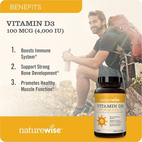 NatureWise فيتامين D3 5000iu (125 ميكروغرام) وظيفة العضلات الصحية، ودعم المناعة، غير معدل وراثيًا، خالي من الغلوتين في زيت الزيتون المضغوط على البارد، تختلف التعبئة والتغليف (كبسولة هلامية صغيرة)، 200 عدد in Kuwait