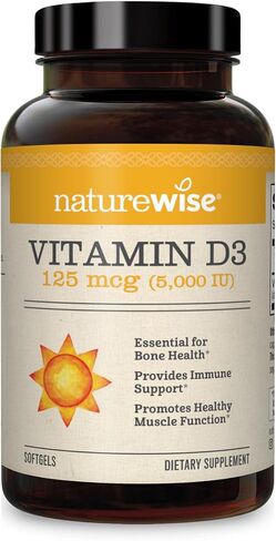 NatureWise فيتامين D3 5000iu (125 ميكروغرام) وظيفة العضلات الصحية، ودعم المناعة، غير معدل وراثيًا، خالي من الغلوتين في زيت الزيتون المضغوط على البارد، تختلف التعبئة والتغليف (كبسولة هلامية صغيرة)، 200 عدد in Kuwait