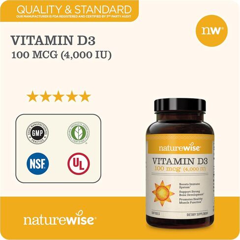 NatureWise فيتامين D3 5000iu (125 ميكروغرام) وظيفة العضلات الصحية، ودعم المناعة، غير معدل وراثيًا، خالي من الغلوتين في زيت الزيتون المضغوط على البارد، تختلف التعبئة والتغليف (كبسولة هلامية صغيرة)، 200 عدد in Kuwait