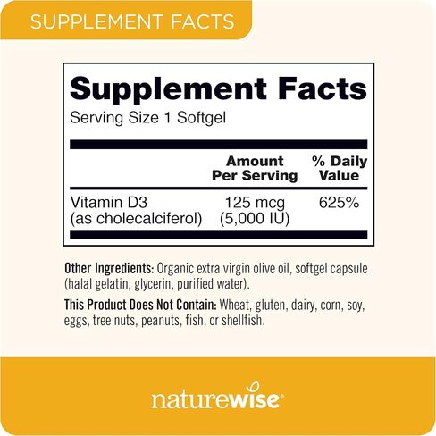 NatureWise فيتامين D3 5000iu (125 ميكروغرام) وظيفة العضلات الصحية، ودعم المناعة، غير معدل وراثيًا، خالي من الغلوتين في زيت الزيتون المضغوط على البارد، تختلف التعبئة والتغليف (كبسولة هلامية صغيرة)، 200 عدد in Kuwait