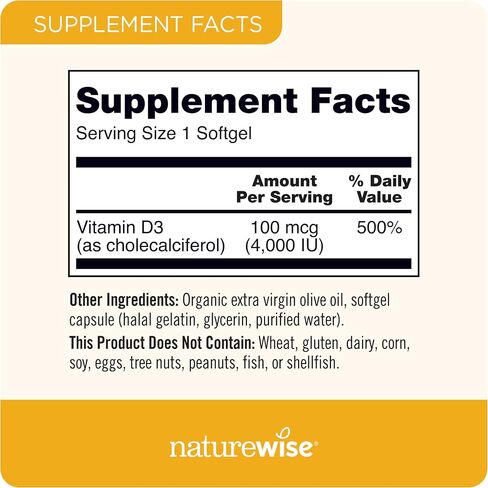 NatureWise فيتامين D3 5000iu (125 ميكروغرام) وظيفة العضلات الصحية، ودعم المناعة، غير معدل وراثيًا، خالي من الغلوتين في زيت الزيتون المضغوط على البارد، تختلف التعبئة والتغليف (كبسولة هلامية صغيرة)، 200 عدد in Kuwait