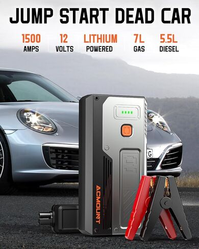 Car Jump Starter Portable, 1500A Peak Car Battery Jump Starter for Up to 7L Gas & 5.5L Diesel Engines, 12V Portable Car Battery Starter with 3 Modes LED Light, USB Quick Charge in Saudi Arabia