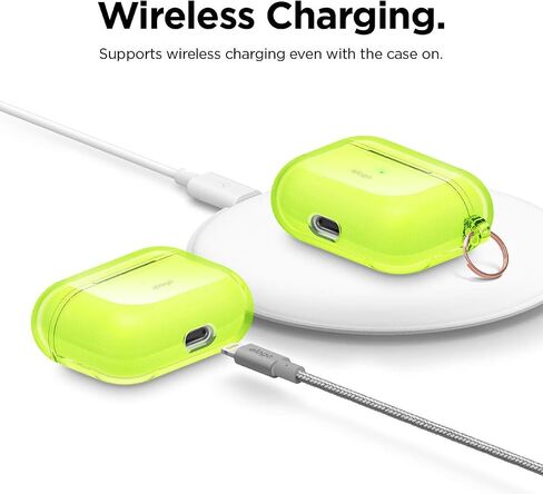 Elago متوافق مع حافظة AirPods Pro شفافة - تصنيف عالي، مادة TPU شفافة مقاومة للصدمات، غطاء حماية مع سلسلة مفاتيح، شريط جل متضمن، شحن لاسلكي [أصفر نيون] in Kuwait