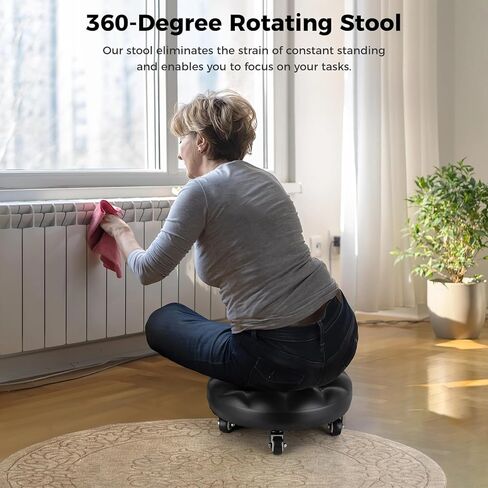 مقعد دوار منخفض إلى الأرض مع 5 عجلات دوارة عالمية للمنزل والمكتب أو اللياقة البدنية أو متجر المرآب وسادة من جلد البولي يوريثان عالية الكثافة والفولاذ الأسود المصنفر in Kuwait