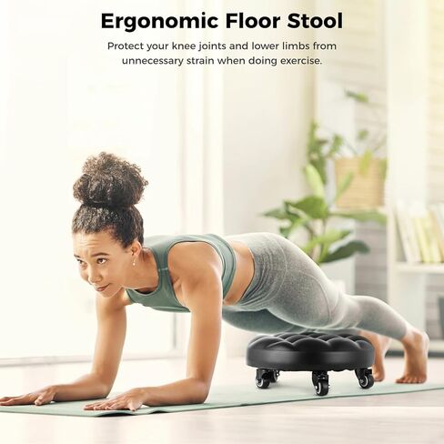 مقعد دوار منخفض إلى الأرض مع 5 عجلات دوارة عالمية للمنزل والمكتب أو اللياقة البدنية أو متجر المرآب وسادة من جلد البولي يوريثان عالية الكثافة والفولاذ الأسود المصنفر in Kuwait