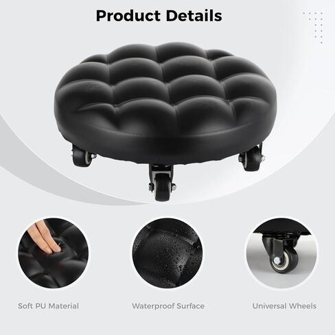 مقعد دوار منخفض إلى الأرض مع 5 عجلات دوارة عالمية للمنزل والمكتب أو اللياقة البدنية أو متجر المرآب وسادة من جلد البولي يوريثان عالية الكثافة والفولاذ الأسود المصنفر in Kuwait