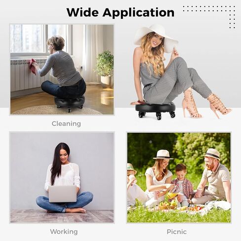 مقعد دوار منخفض إلى الأرض مع 5 عجلات دوارة عالمية للمنزل والمكتب أو اللياقة البدنية أو متجر المرآب وسادة من جلد البولي يوريثان عالية الكثافة والفولاذ الأسود المصنفر in Kuwait